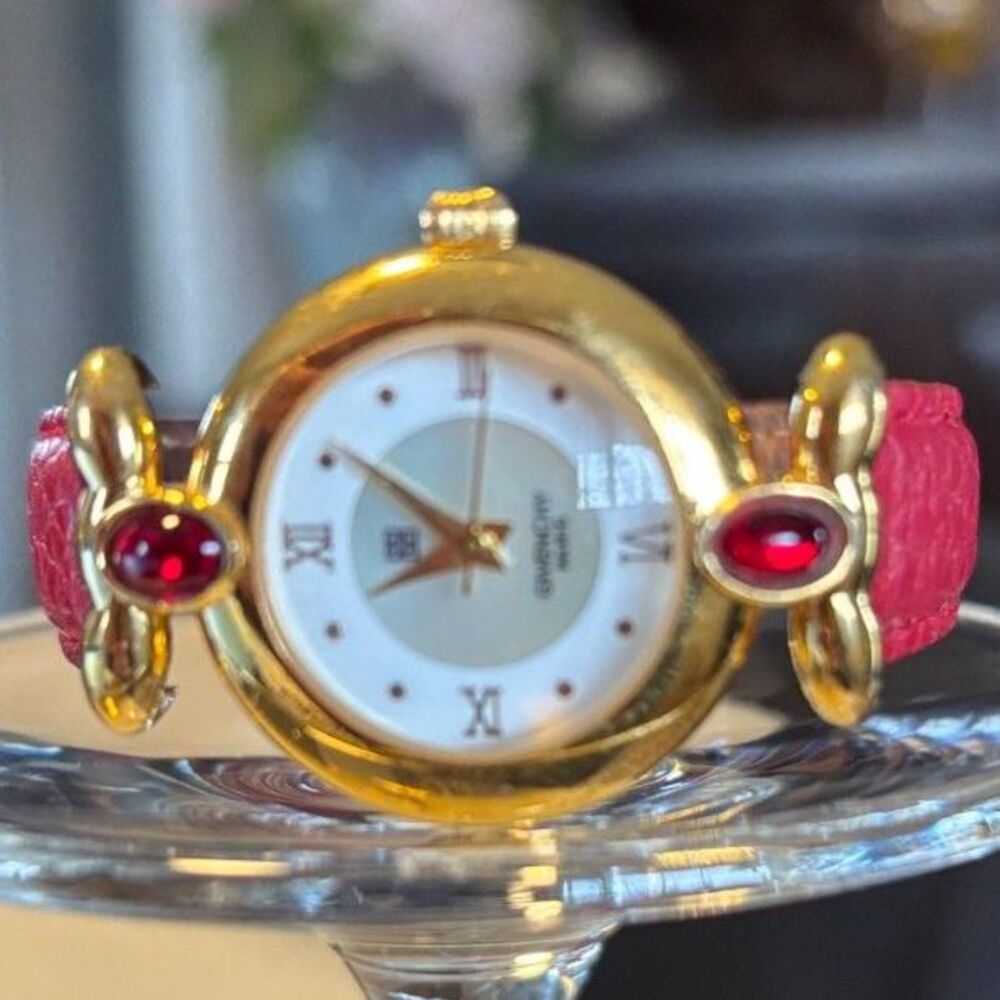 Vintage Givenchy Gold Tone Casing with Ruby Colored Gemstones Accent Watch - Picture 2 of 8
